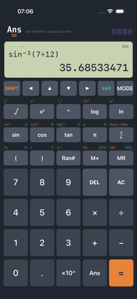 Ans on iPhone showing inverse sine of 7 divided by 12 on the input line and 35.68533471 as the result.