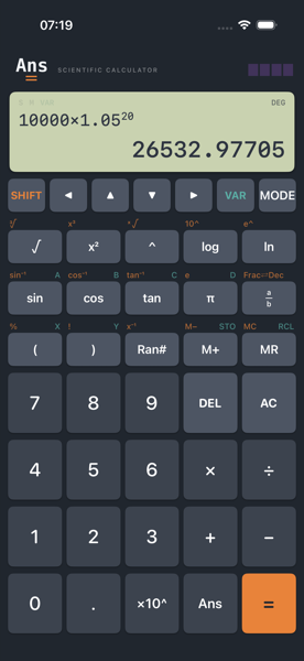 Ans on iPhone showing 10000×1.05 to the power 20 on the input line and 26532.97705 as the result.