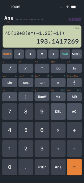 Ans on iPhone showing 45(10+8(e^(−1.25)−1)) on the input line and 193.1417269 as the result.