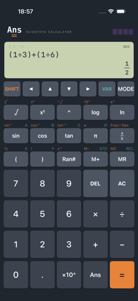 Ans on iPhone showing open bracket 1 divided by 3 close bracket plus open bracket 1 divided by 6 close bracket on the input line and the result displayed as the fraction one half.