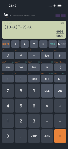 Ans on iPhone showing, open bracket, open bracket 3 plus A close bracket squared minus 9, close bracket, divided by A, with the result shown as the fraction 6001 over 1000.