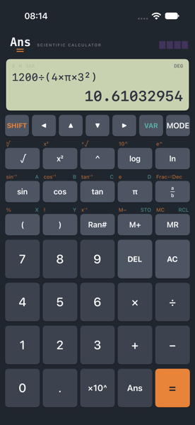 Ans on iPhone showing 1200 divided by, open bracket, 4 times pi times 3 squared, close bracket, and the result 10.61032954.