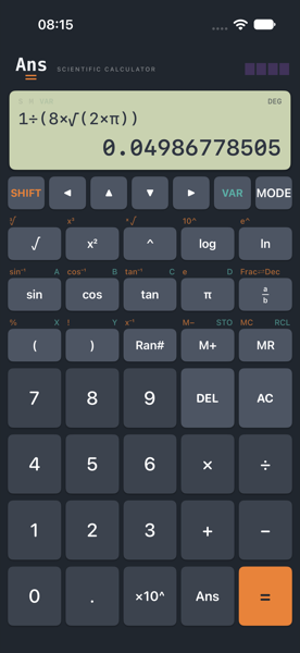 Ans on iPhone showing 1 divided by, open bracket, 8 times the square root of 2 times pi, close bracket, and the result 0.04986778505.