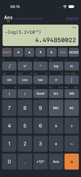 Ans on iPhone showing negative log of 3.2 times 10 to the negative 5 on the input line and 4.494850022 as the result.