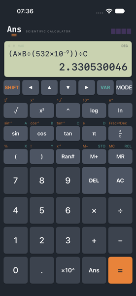 Ans on iPhone showing open bracket A times B divided by open bracket 532 times ten to the minus 9 close bracket close bracket divided by C, with the result 2.330530046 electronvolts.