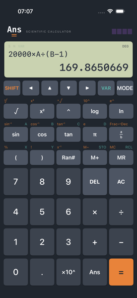Ans on iPhone showing 20000 times A divided by, open bracket, B minus 1, close bracket, and 169.8650669 as the result.
