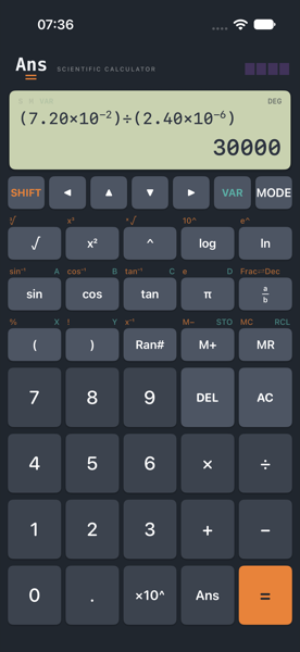 Ans on iPhone showing open bracket 7.20 times ten to the minus 2 close bracket divided by open bracket 2.40 times ten to the minus 6 close bracket on the input line and 30000 as the result.