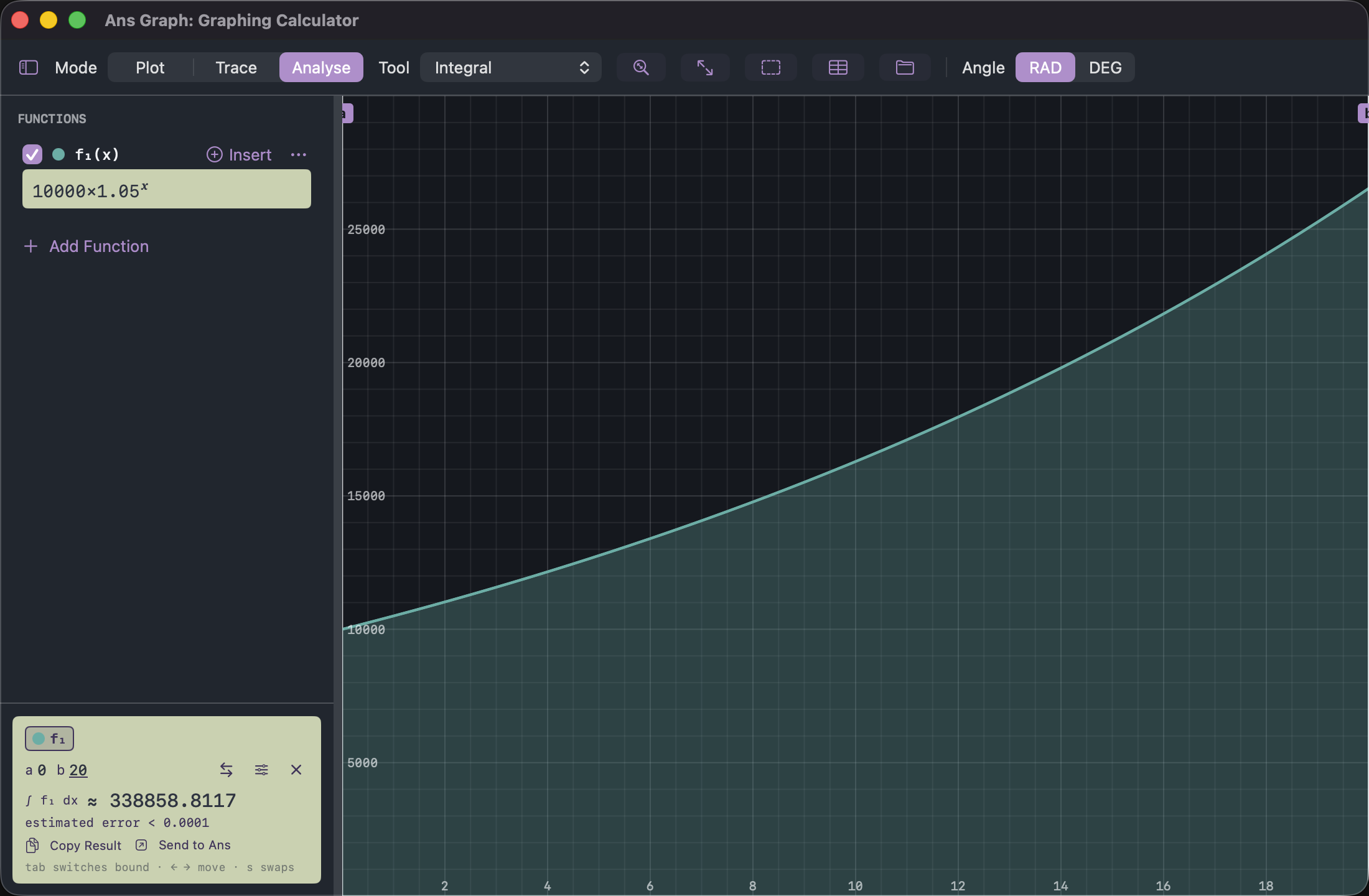 Ans Graph: the area under the balance curve from 0 to 20 years shaded, with the integral register reading approximately 338,859 and an estimated error line beneath it.