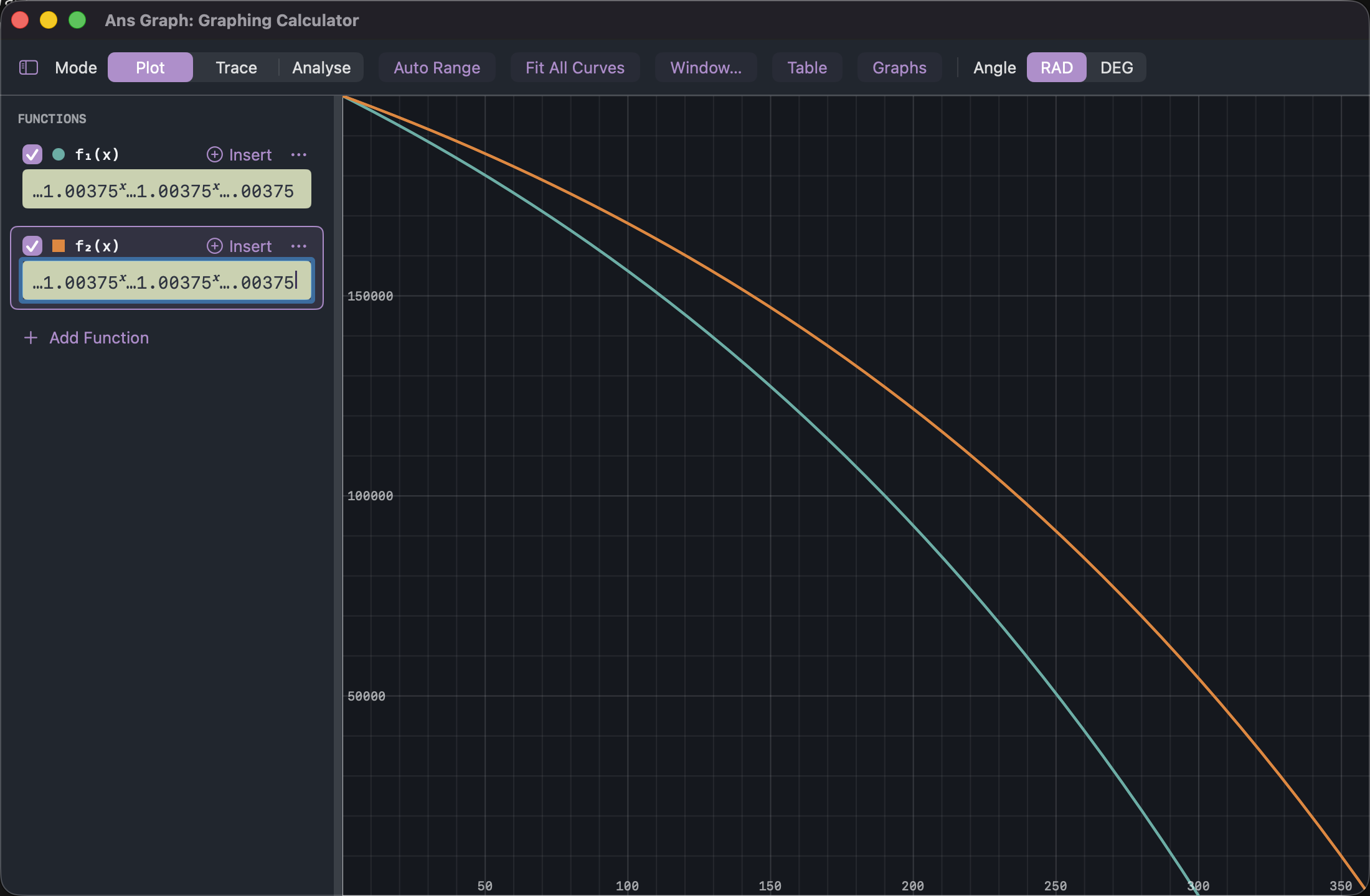 Ans Graph: two mortgage balance curves from £200,000, the 25-year one reaching zero at month 300 and the flatter 30-year one at month 360.