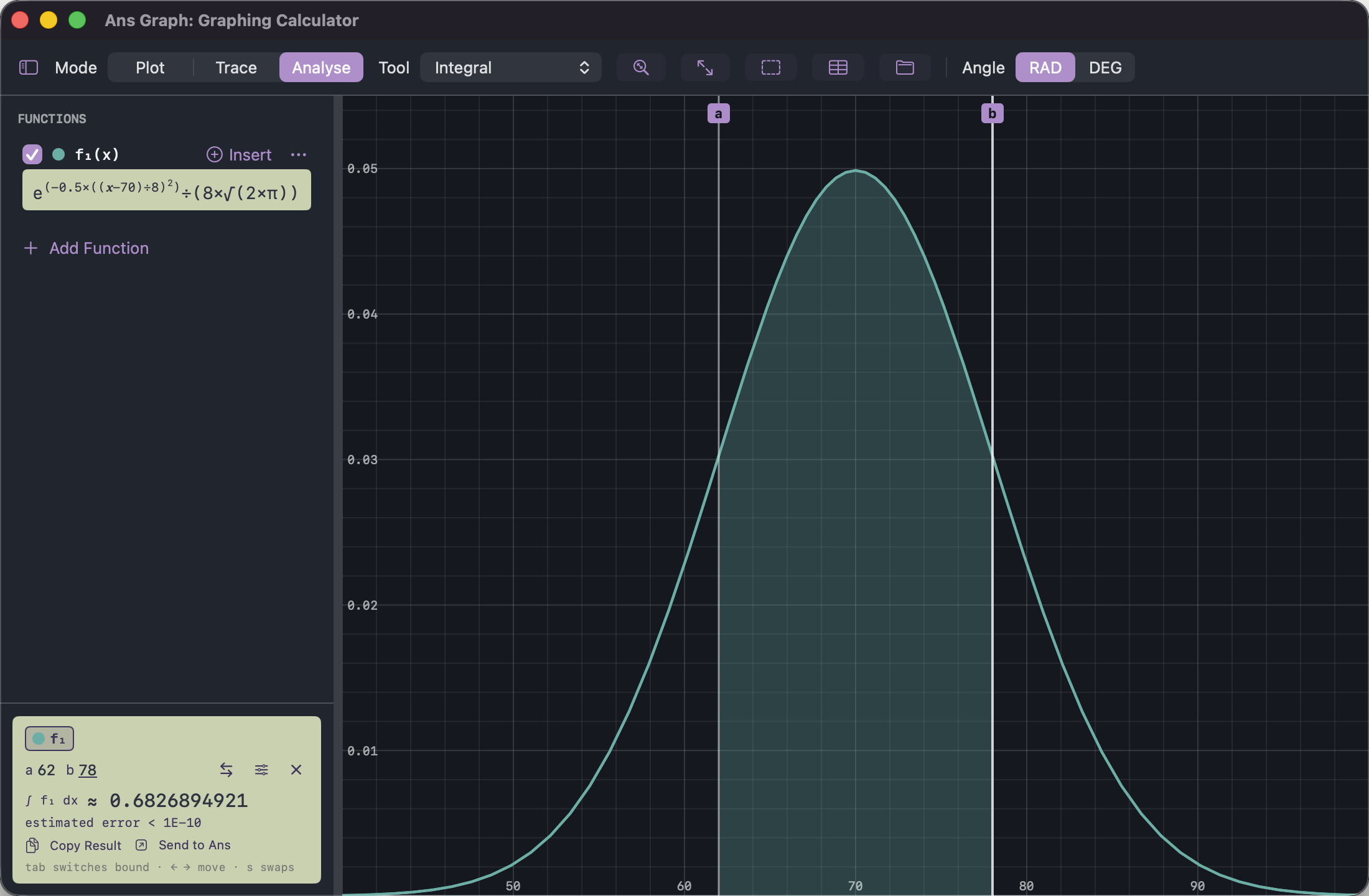 Ans Graph showing a normal bell curve centred at 70, with the area from 62 to 78 shaded and the integral read as 0.6826894921.