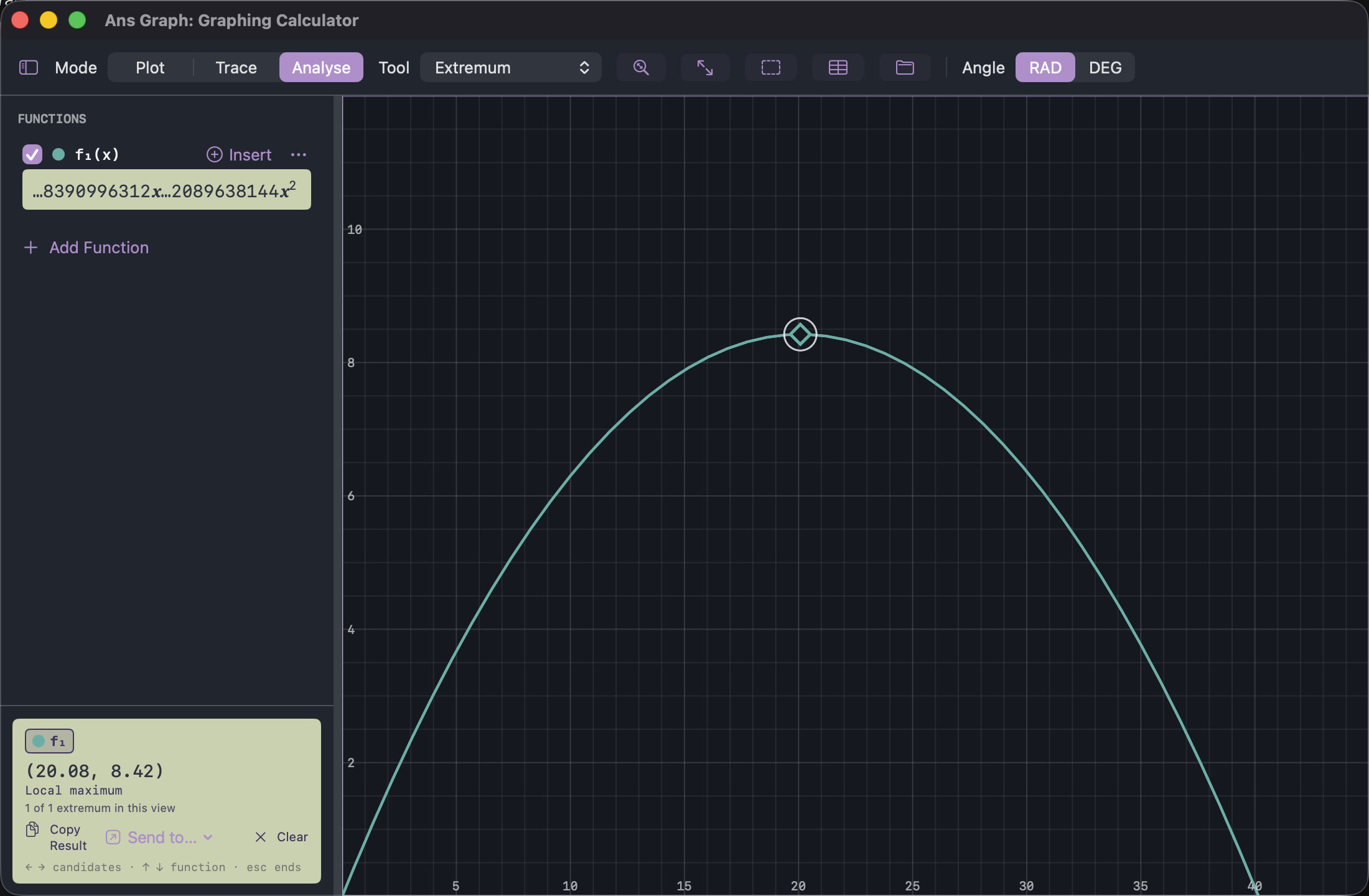 Ans Graph: a projectile trajectory arching from the origin to about 40 metres, with the highest point marked and read out near 8.42 metres.
