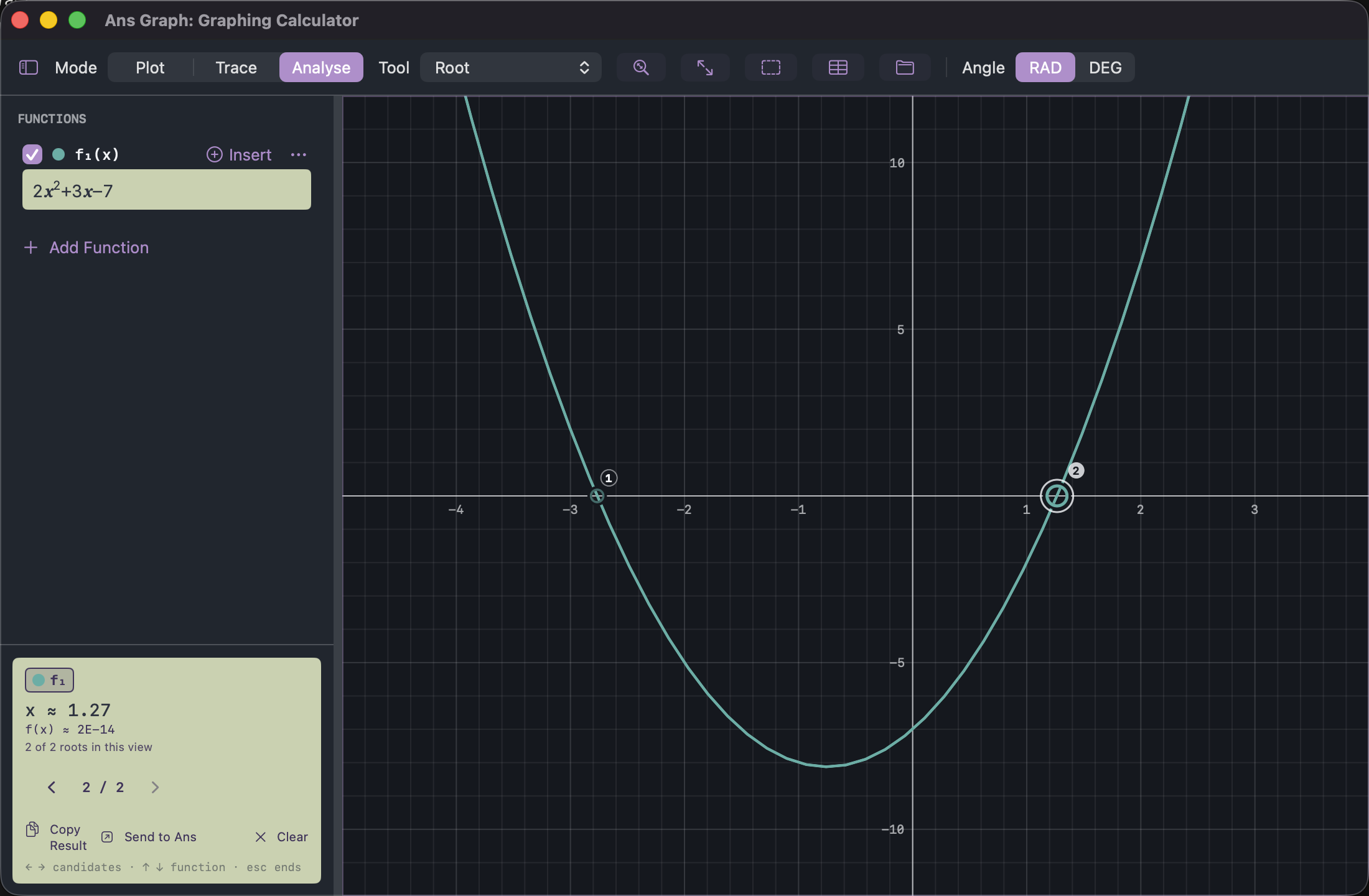 Ans Graph: the parabola 2x squared plus 3x minus 7 crossing the x-axis, with a root marked.
