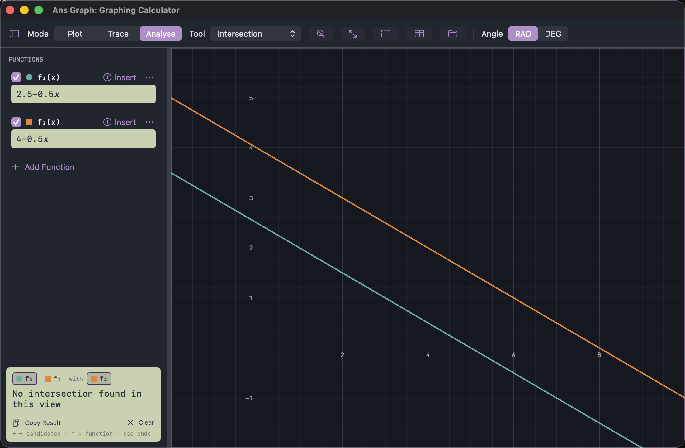 Ans Graph: two parallel straight lines with the same slope, never meeting, and the register reporting no intersection in this view.