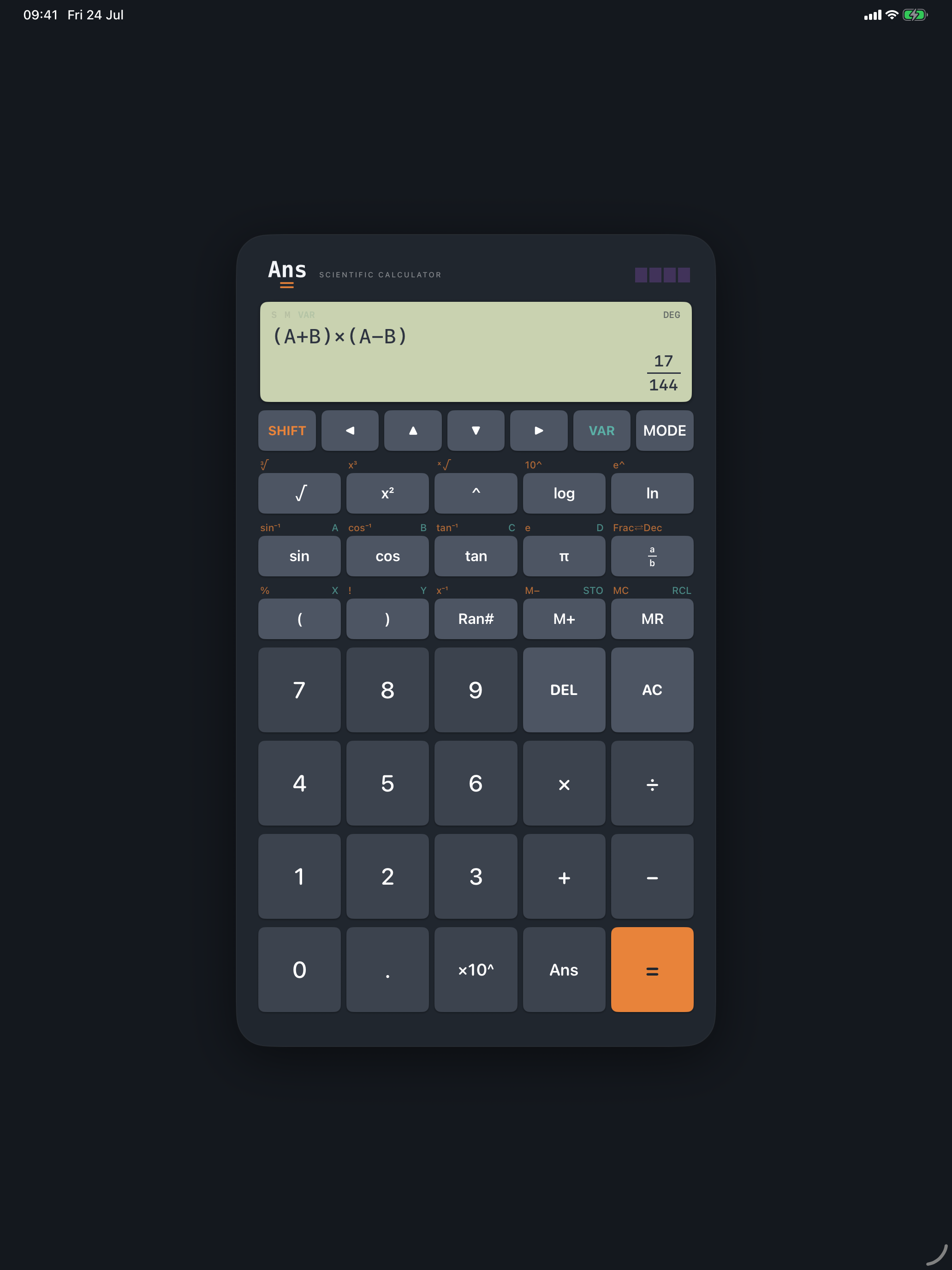 Ans on a 13-inch iPad evaluating open bracket A plus B close bracket times open bracket A minus B close bracket, with the exact fraction seventeen over one hundred and forty-four