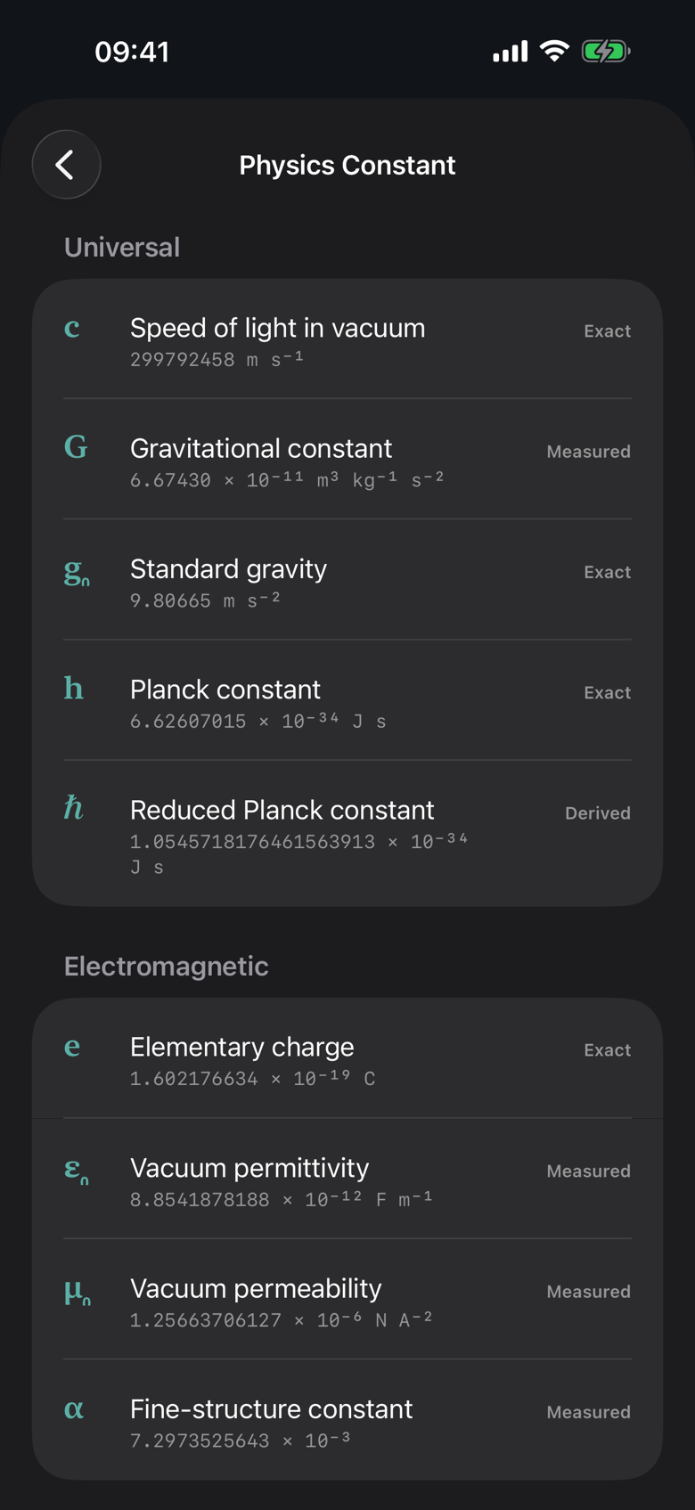 The physics constants list in Ans, showing the speed of light, gravitational constant, standard gravity and Planck constant with their values, units and whether each is exact or measured