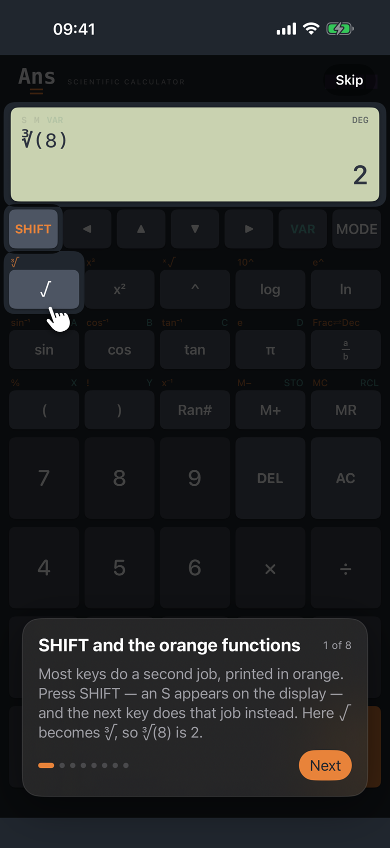 The Quick Tour running on Ans: SHIFT is lit, a hand rests on the square-root key, and the display shows the cube root of 8 with the result 2