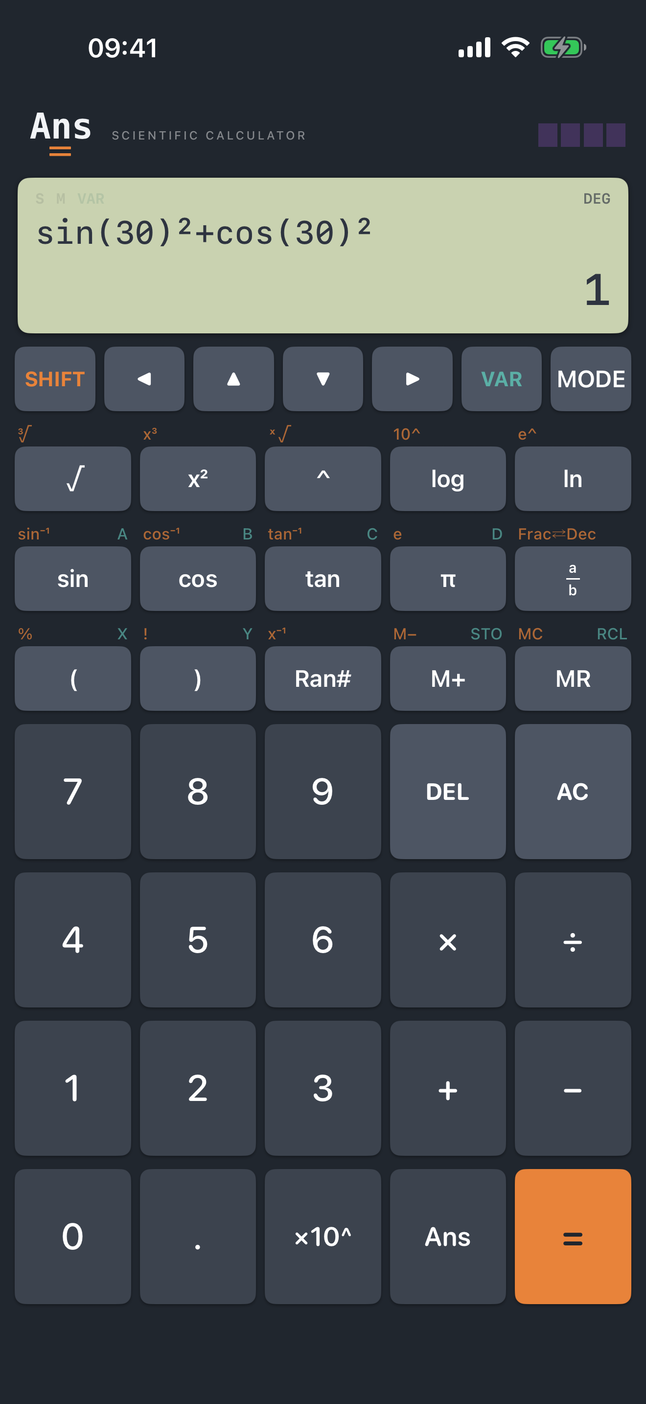 Ans on iPhone calculating sine squared of 30 degrees plus cosine squared of 30 degrees, with the exact result 1