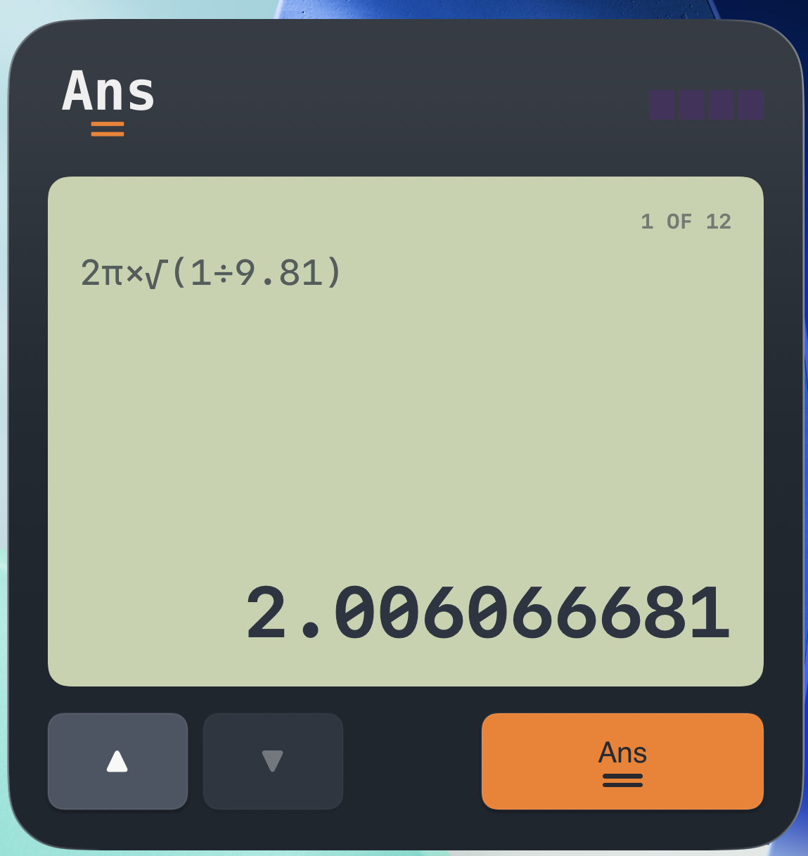 Large Ans calculator widget with a multi-line expression, answer, history buttons and branded open button