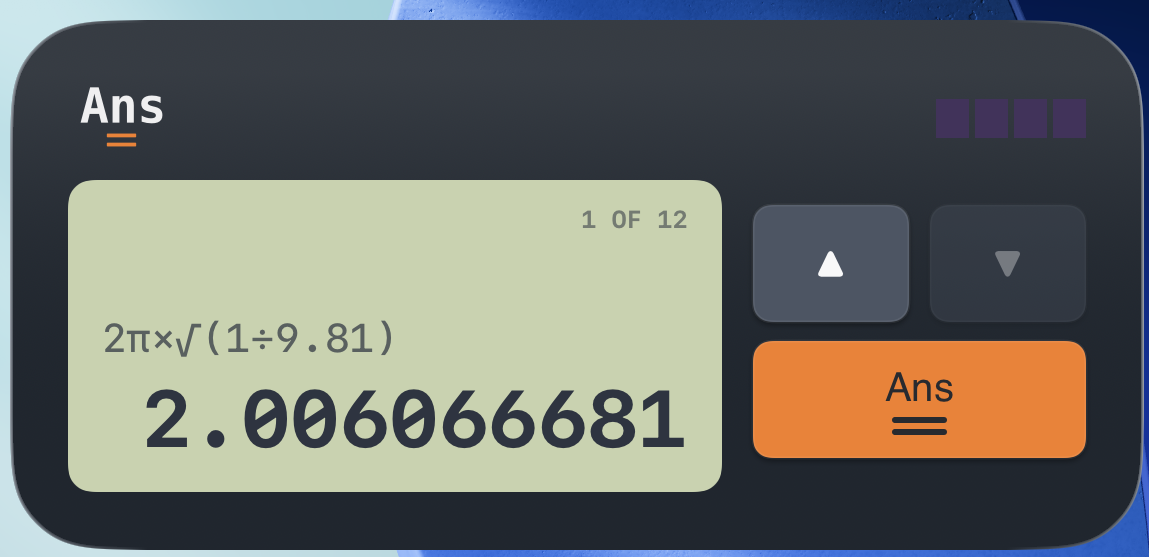 Medium Ans calculator widget with a wider calculation display and history controls